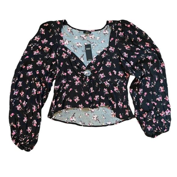 AFRM Shirt Womens Extra Large Black Balloon Sleeve O-Ring Front Blouse top - Picture 1 of 8